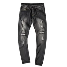 Men Jeans Slim Fit Straight Denim Vintage Style Holes Jeans in Blue and Black Colour