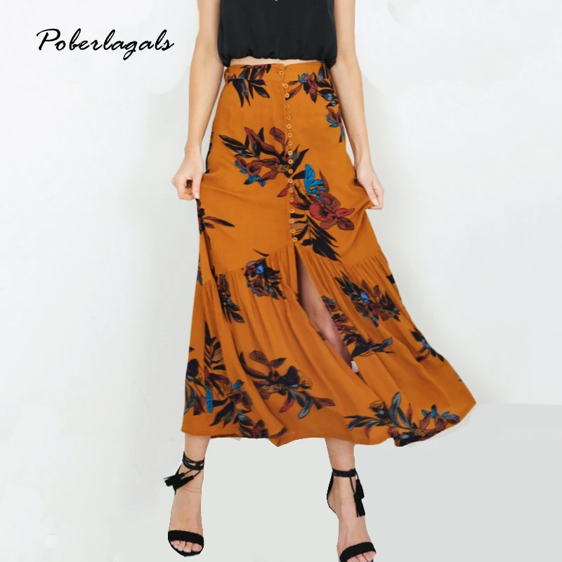 

Summer Casual irregular women beach boho maxi ruffles skirt 2018 Sexy high split print large flounces button Skirt skirts Women