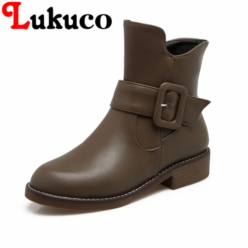 

Lukuco pure color women mid-calf martin boots spring/autumn high quality PU made low hoof heel zipper shoes