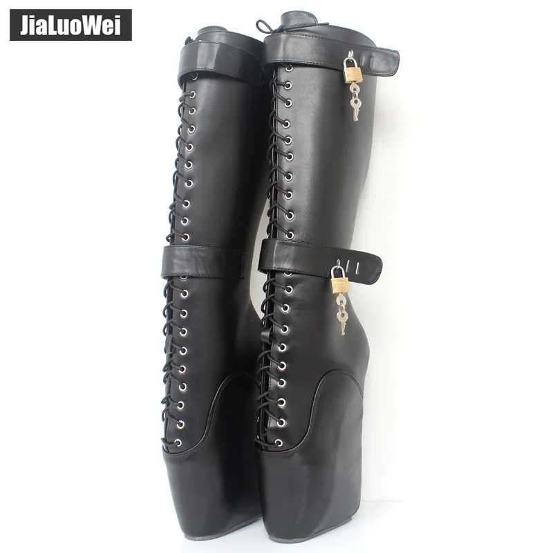 

jialuowei Brand New Fetish Sexy 18cm Extreme High Heel Wedges Lace-up Buckle Heelless Ballet Boots unisex Knee-High Botas Mujer