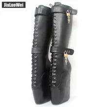 jialuowei Brand New Fetish Sexy 18cm Extreme High Heel Wedges Lace-up Buckle Heelless Ballet Boots unisex Knee-High Botas Mujer цена jialuowei Brand New Fetish Sexy 18cm Extreme High Heel Wedges Lace-up Buckle Heelless Ballet Boots unisex Knee-High Botas Mujer цены онлайн