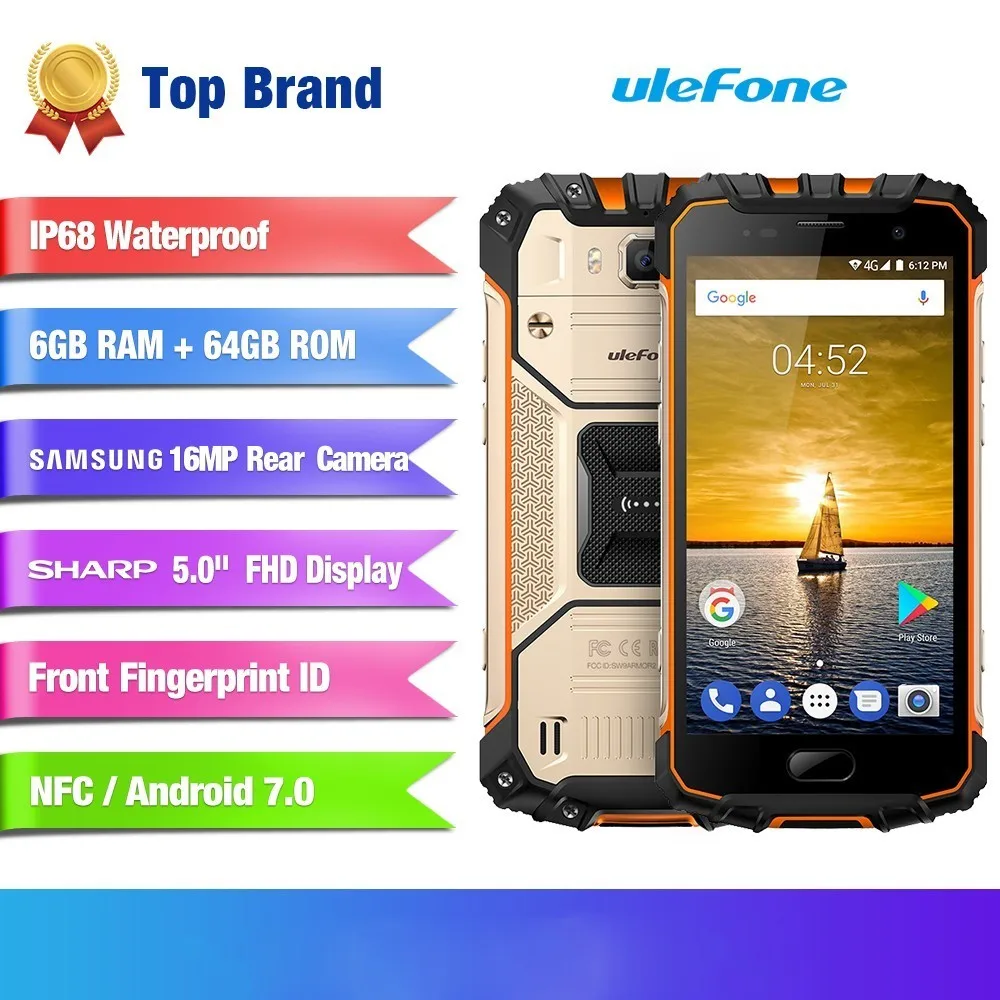 Ulefone Armor 2 5,0 ''IP68 Водонепроницаемый телефон MTK6757 Восьмиядерный Android 7,0 6 ГБ+ 64 ГБ 16 МП глобальная версия NFC 4700 мАч 4G смартфон