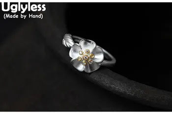 

Uglyless Real S925 Sterling Silver Flower Rings for Women Elegant Crystals Opening Ring Handmade Ethnic Fine Jewelry Leaf Bijoux