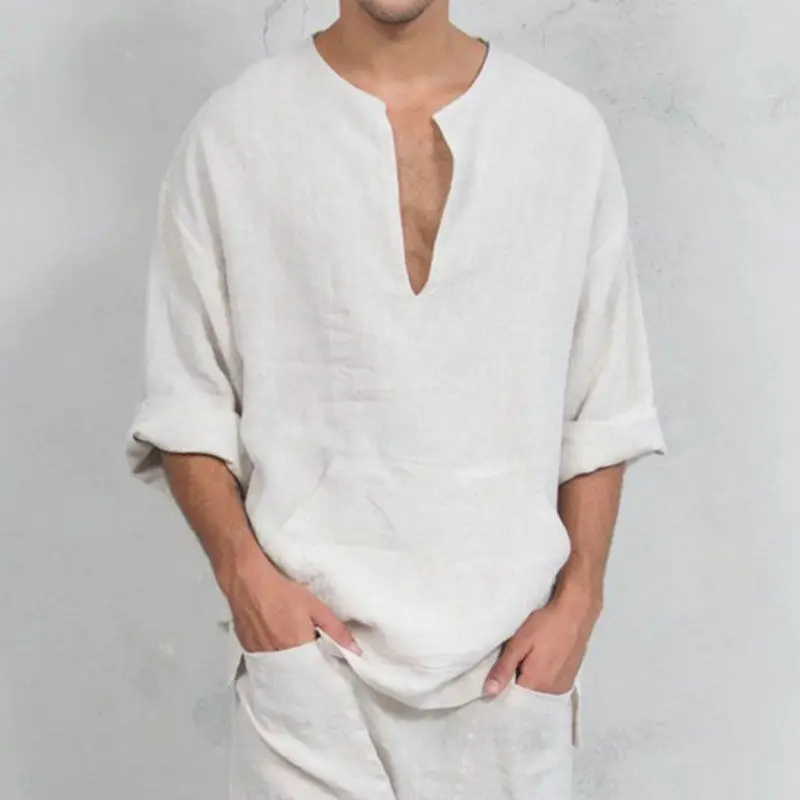 

New 2019 Men Summer Autumn Long Sleeve T-Shirt Loose Casual Linen Cotton Shirts Solid V-neck Tops Three Colors