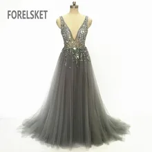 Тюлевое серое платье для выпускного вечера с v-образным вырезом на спине, Длинные вечерние платья с глубоким v-образным вырезом, вечерние платья с прозрачными бусинами и кристаллами Robe De Soire