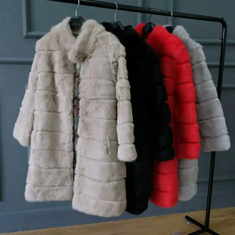 Женская Шуба из натурального кроличьего меха с воротником стойкой|real fur coat|rabbit