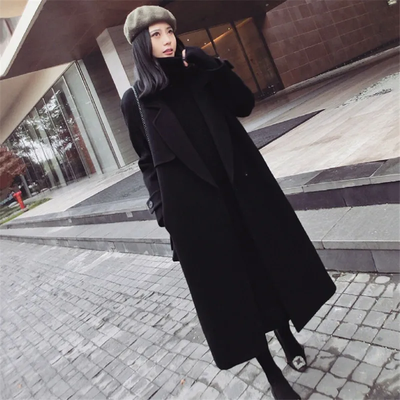 Зимняя женская кашемировая шерстяная куртка, новинка, модное шерстяное пальто средней длины, черное тонкое шерстяное пальто с длинными рукавами, верхняя одежда DT0175