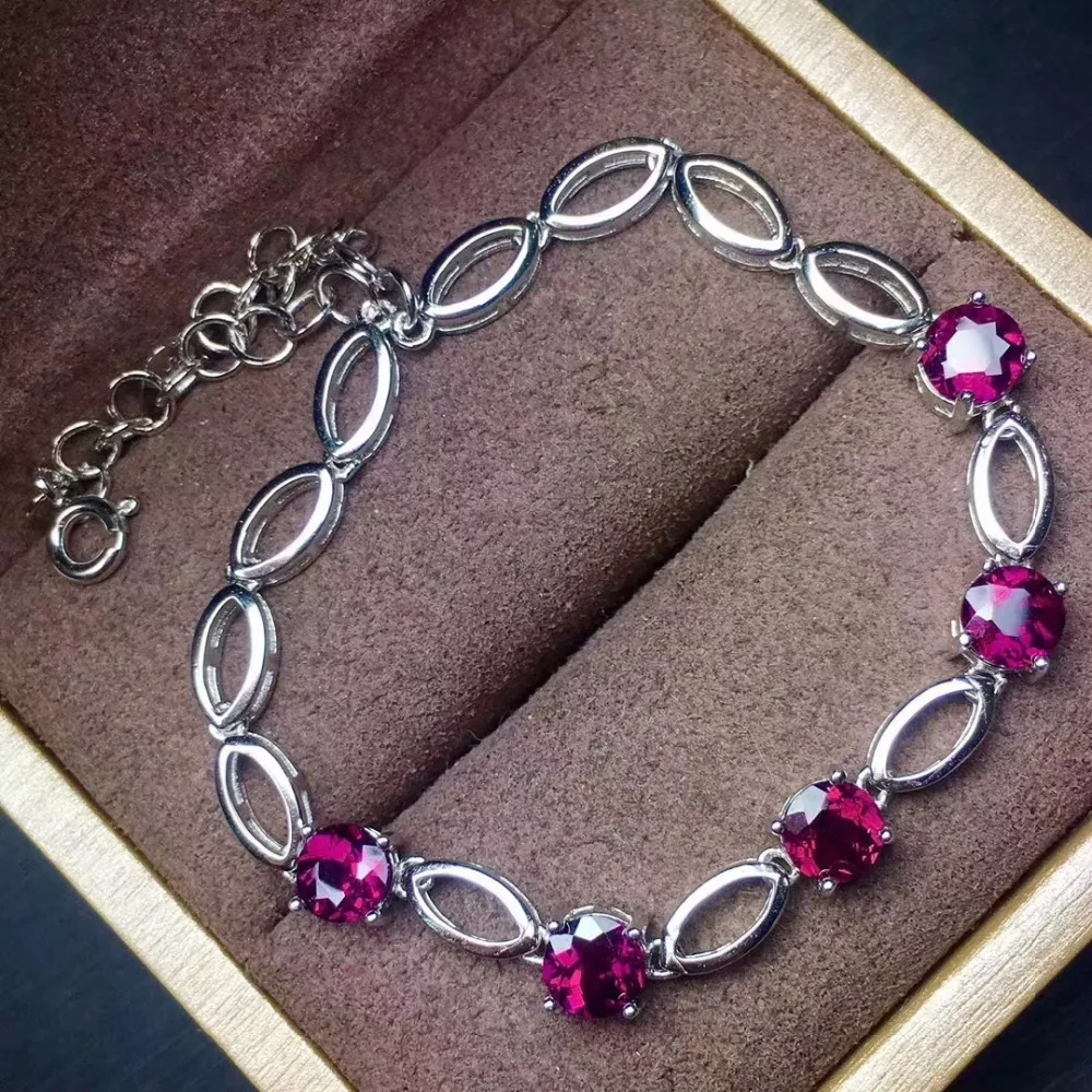 Naturel rouge grenat gemme mode Bracelet rond naturel pierres précieuses Bracelet 925 argent bracel