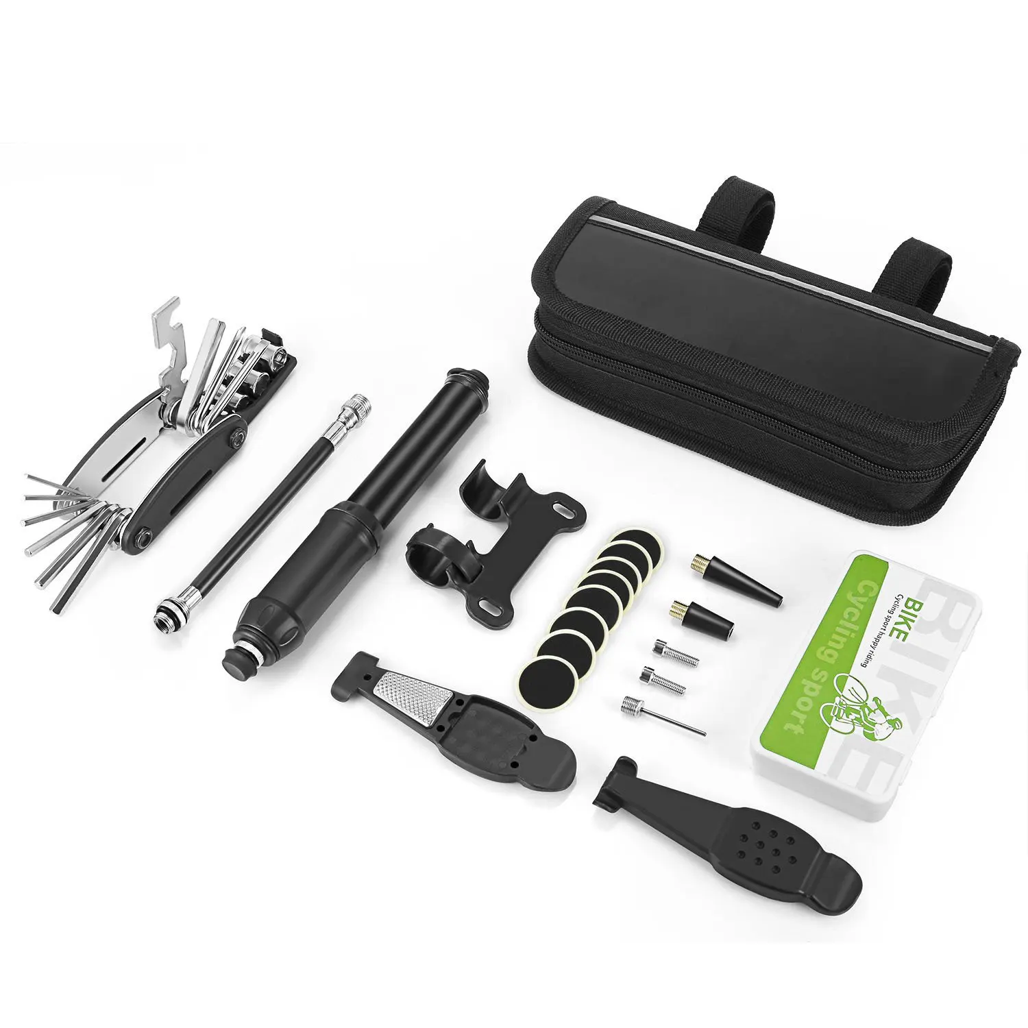 

Bicycle Repair Kit Multi Tool and Alloy Mini Air Pump and Tire Levers self-adhesive parts include a bag for bike ride.