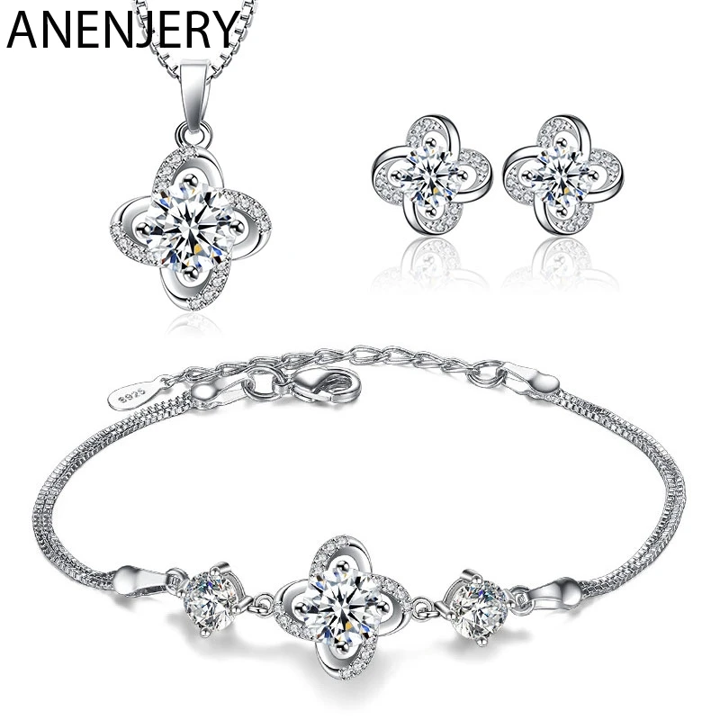 

ANENJERY 925 Sterling Silver Jewelry Sets For Women Forever Love Twist Flower Zircon Necklace+Earrings+Ring Wedding Jewelry
