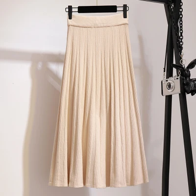 Осенняя Женская эластичная трикотажная серая однотонная плиссированная юбка с высокой талией, повседневные миди юбки, зимняя черная коричневая Расклешенная юбка трапециевидной формы - Цвет: beige 02