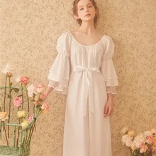 Ladies sleepwear Cotton princess nightdress Classical royal nightgown Puff sleeve Mid-calf round neck sleepwear