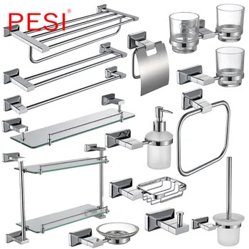 

All Brass Bathroom Hardware Set Robe Hook Towel Rail Rack Bar Shelf Paper Holder Toothbrush Holder Bathroom Accessories,Chrome.
