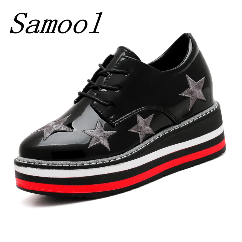 Brand Spring Women Flat Platform Shoes Woman Brogue Fashion Leather Flats Lace Up Footwear