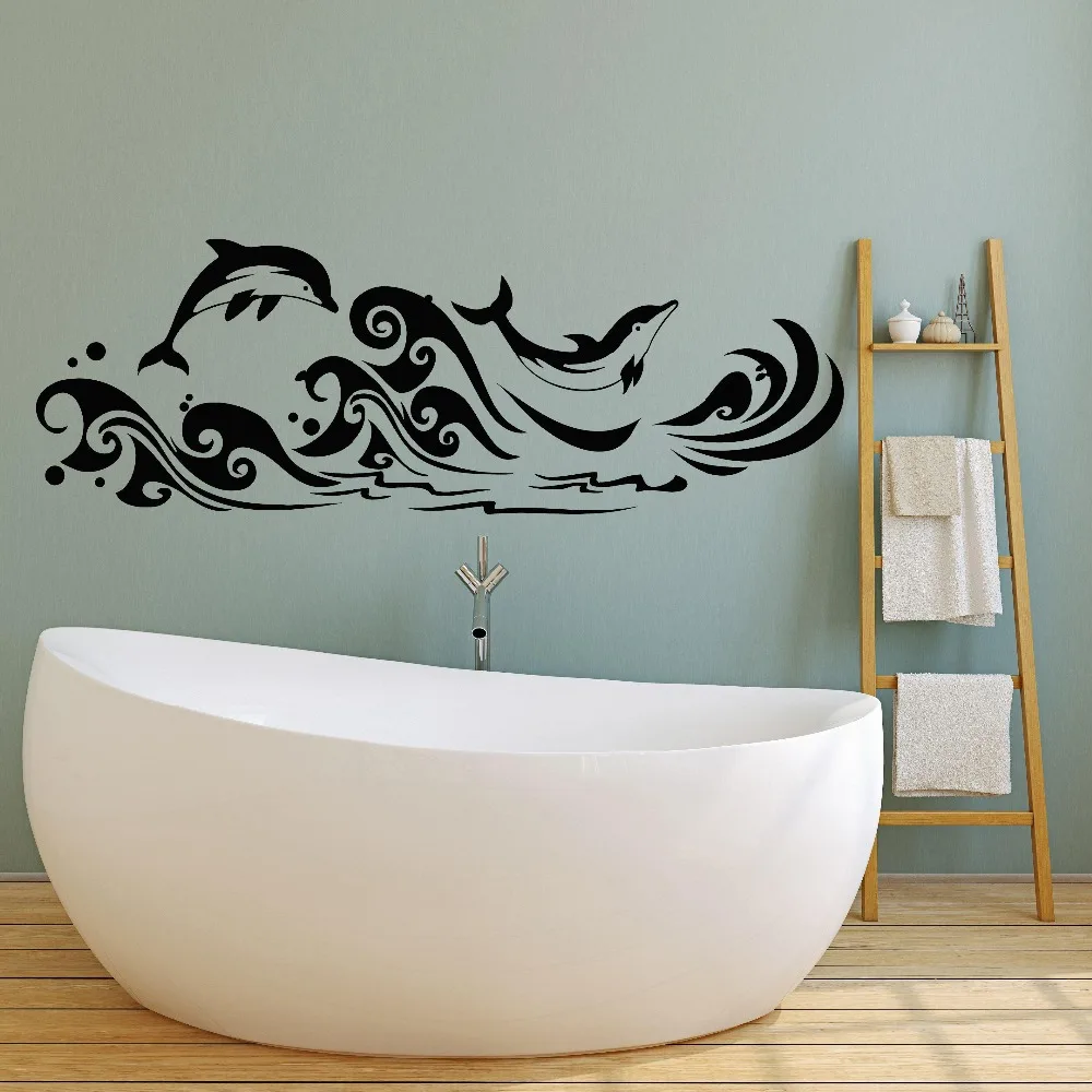 Dolphins Sea Waves Marine Style Vinyl Wall Decal Home Decor Bathroom