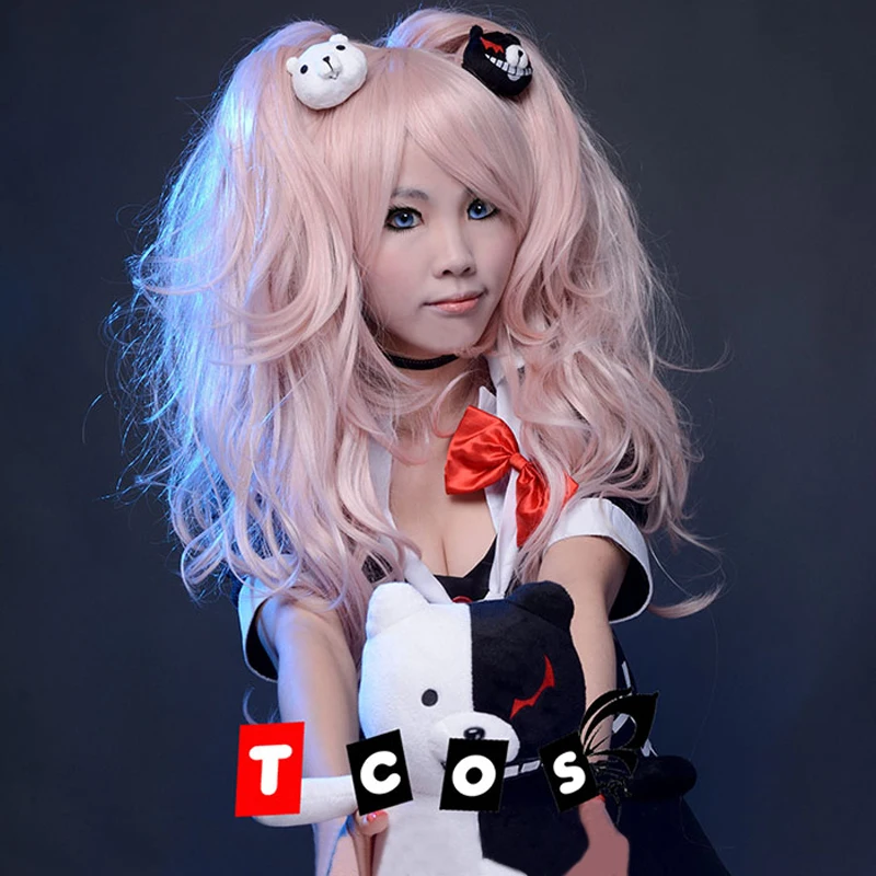 

Danganronpa Junko Enoshima Light Pink Ponytail Cos Hair Dangan Ronpa Junko Heat Resistent Cosplay Costume Wig Bear Hairpins