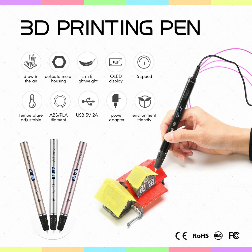 Aibecy 3D печатная ручка OLED дисплей металлический корпус работа ABS PLA нити 3D ручки для детей Искусство ремесло Рисование DIY подарочная ручка с множеством оттенков