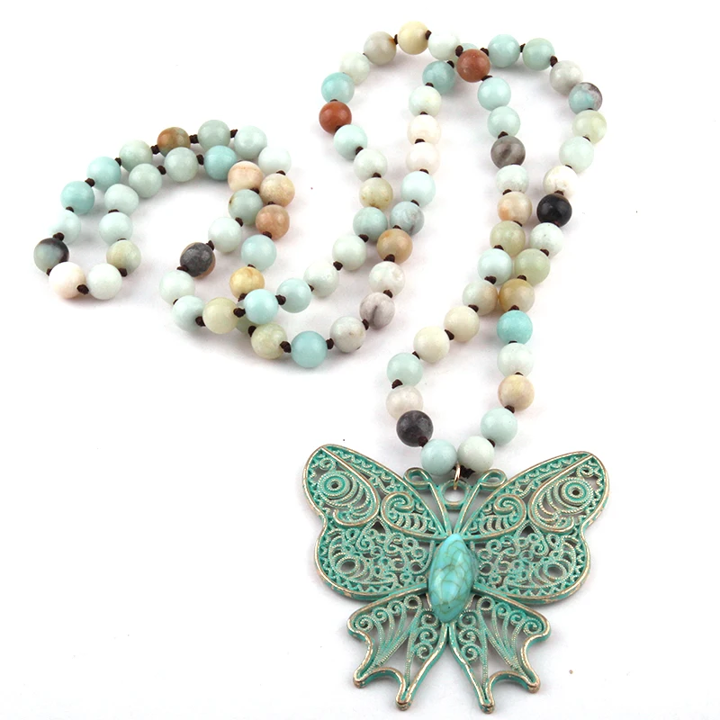 Fashion Bohemian Jewelry Amazonite Stone Beads Long Knotted Butterfly
