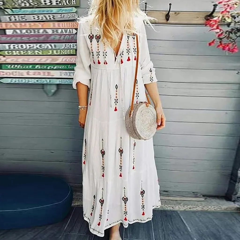 

NEW Tunic Maxi Dress Women Clothes Plus Size Dress V Neck Print Long Sleeve Boho Dress Party Maxi Dress summer clothes for women
