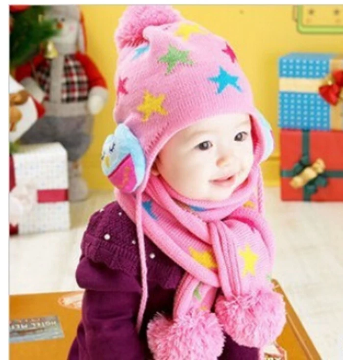 BH40 Kids Boys Girls Crochet Winter Warm Beanie Five Pointed Star Baby Hat Earflap Protection Scarf+Cap 2pc