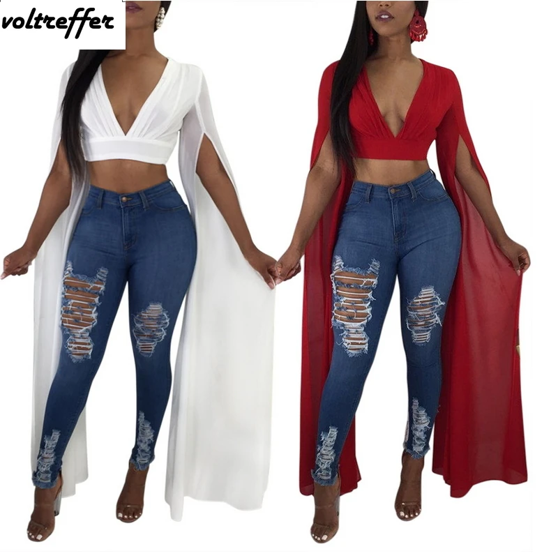 

Very Long Sleeve Tunic For Women Chiffon Deep V Neck Crop Top Sexy Streetwear Club Wear Blusas Feminina Pullover Summer Cropped