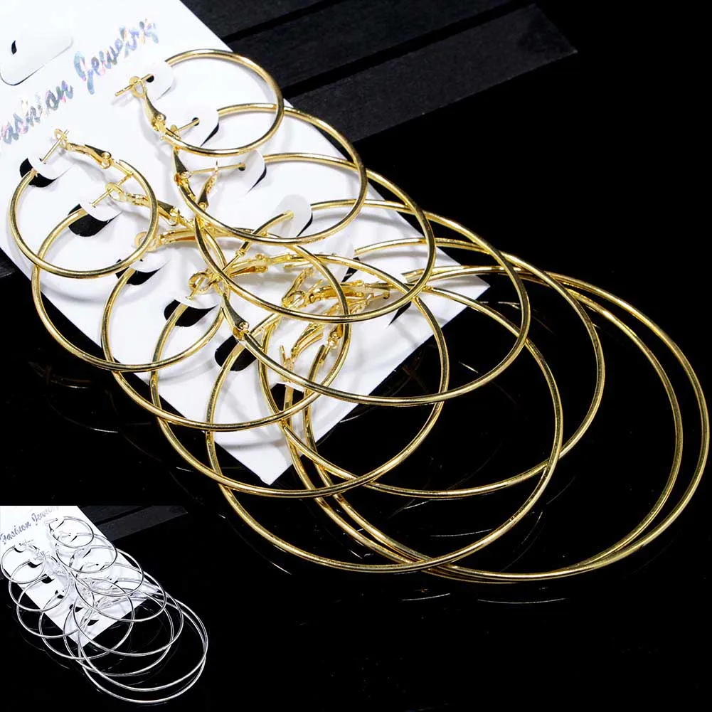 Oversize Big Circle Hoop Earring Set For Women Simple Style Round Earrings Party Jewelry 6 Pair /lot