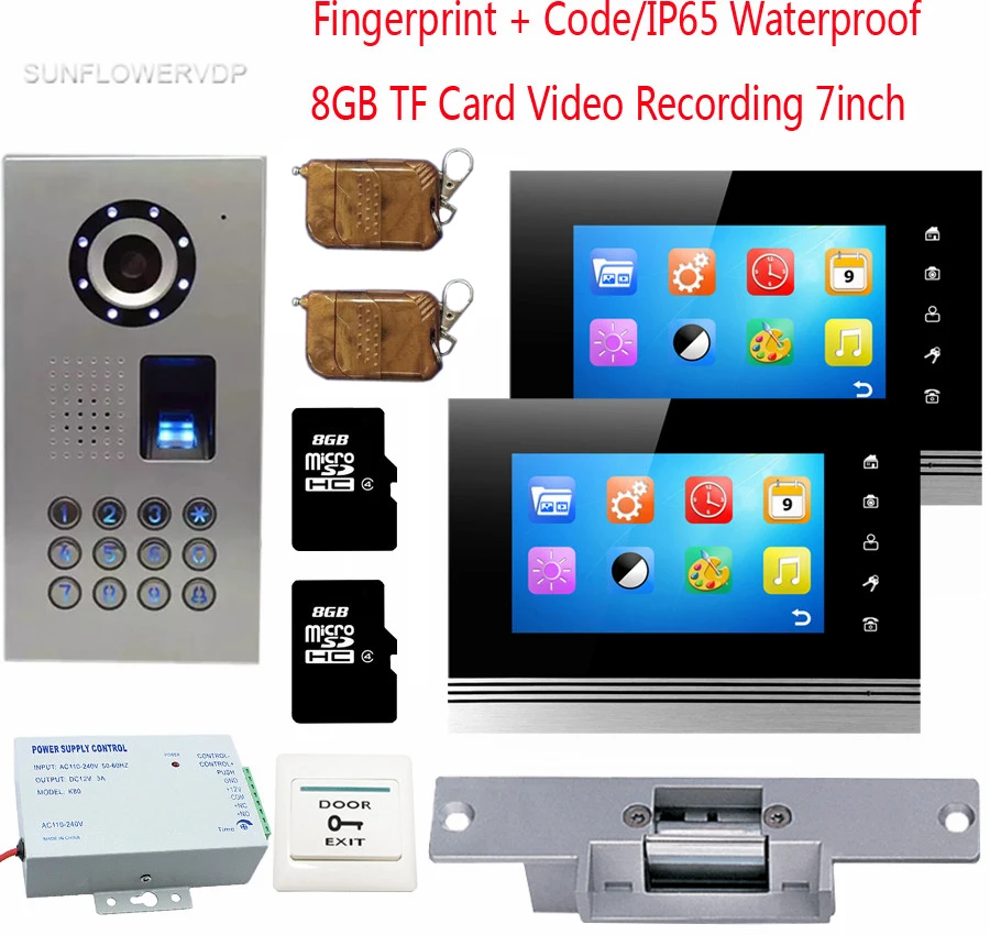 Fingerprint Video Intercom For A Private House 2 Monitors 8GB TF Card Recording Doorphone Intercom IP65 Waterproof Code + Lock