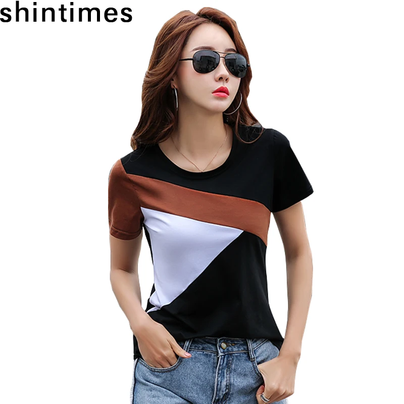 

Camiseta Mujer Fashion Korean Plus Size Patchwork Tops Basic T Shirt Womens Slim Casual Tshirt Women 2019 Summer Women Shirts