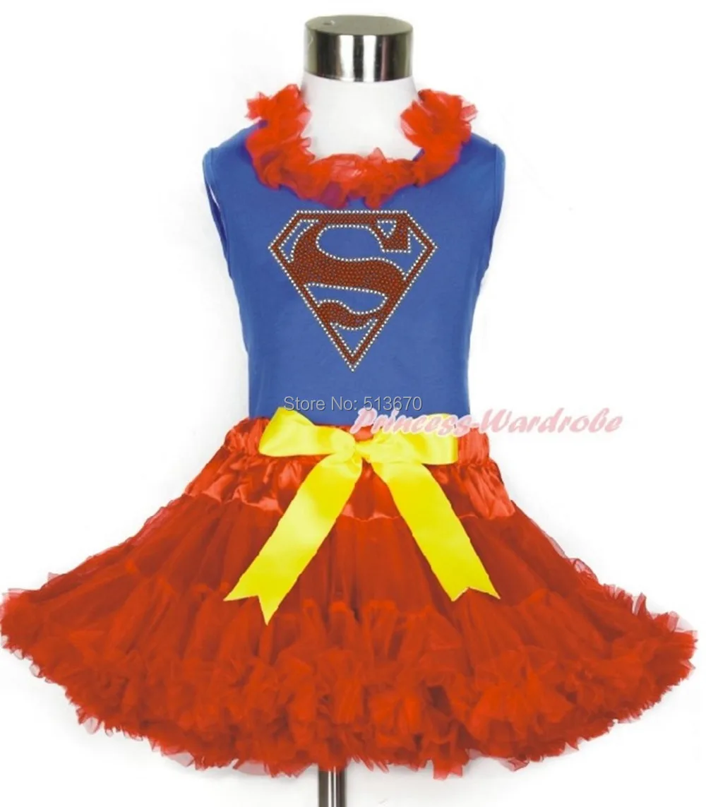 

Rhinestone Super Girl Royal Blue Tank Top Hot Red Yellow Bow Pettiskirt 1-8Year MN83