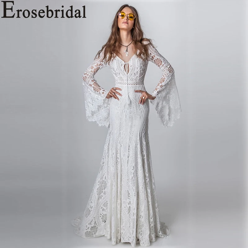 

Erosebridal New Arrival 2019 Boho Wedding Dress Flare Sleeve Wedding Gown Lace Bride Dress V-Neck vestido de noiva Plus Size