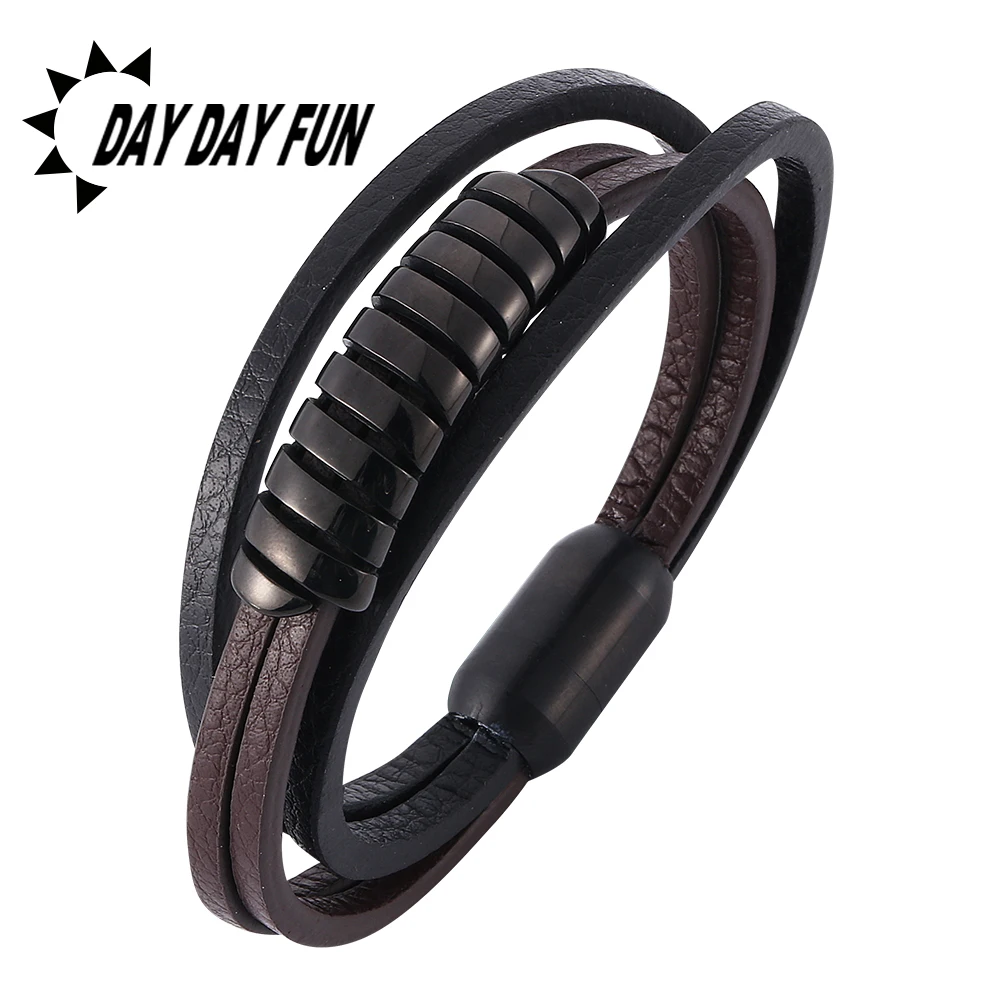 

Multi Layer Leather Bracelets for Men Women Customizable Engraving Stainless Steel Bar Bangles Casual Personalized Pulseira E510