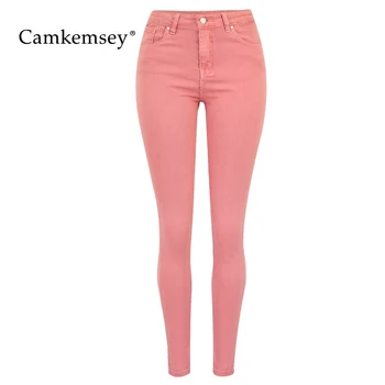 

CamKemsey Fashion Pink Denim Jeans Women Classic High Waist Stretch Skinny Jeans For Women Casual Plus Size Trousers