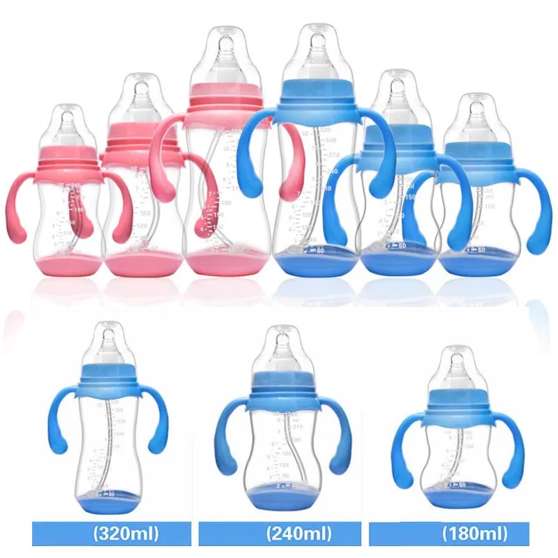 

Width Mouth Arc Antislip Waist PP Milk Feeding Bottle with Handle Temperature Sensing Bottom 180ml/240ml/320ml