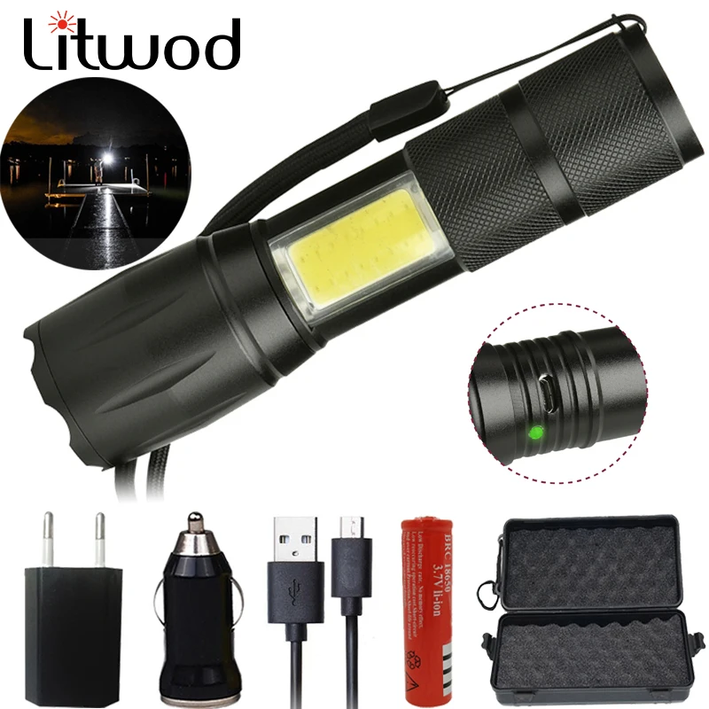 

Litwod Z20 103 Micro USB port rechargeable LED Flashlight Torch lantern XM-LT6 COB 5000Lumen 4 Modes Zoomable for hiking