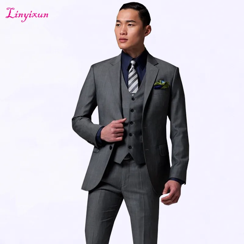 Linyixun 2017 Business Men Suit Bespoke Classic Gray Wedding Custom Made Suits For Men Tailor