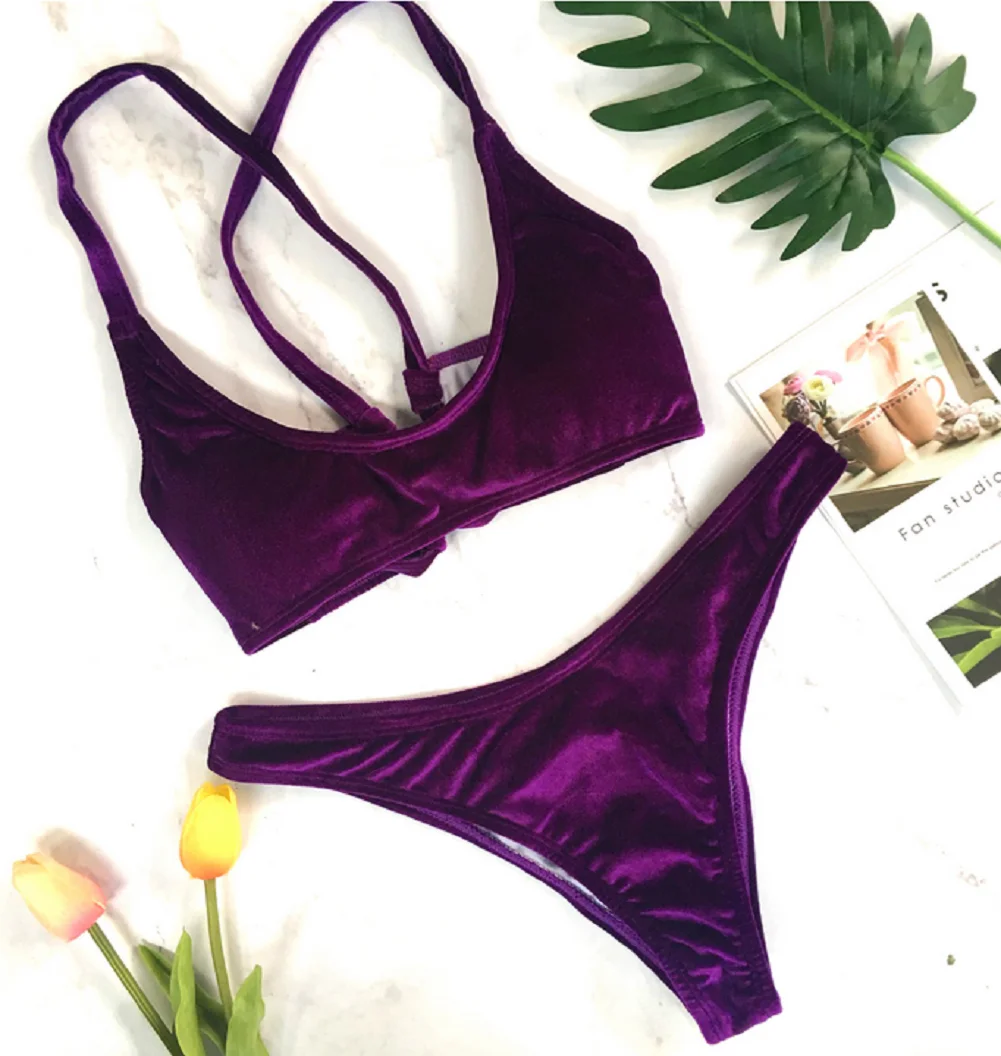 

Women Push-up Padded Bra Bikini Set Velvet Swimwear Ladies Backless Swimsuit Bathing Beachwear