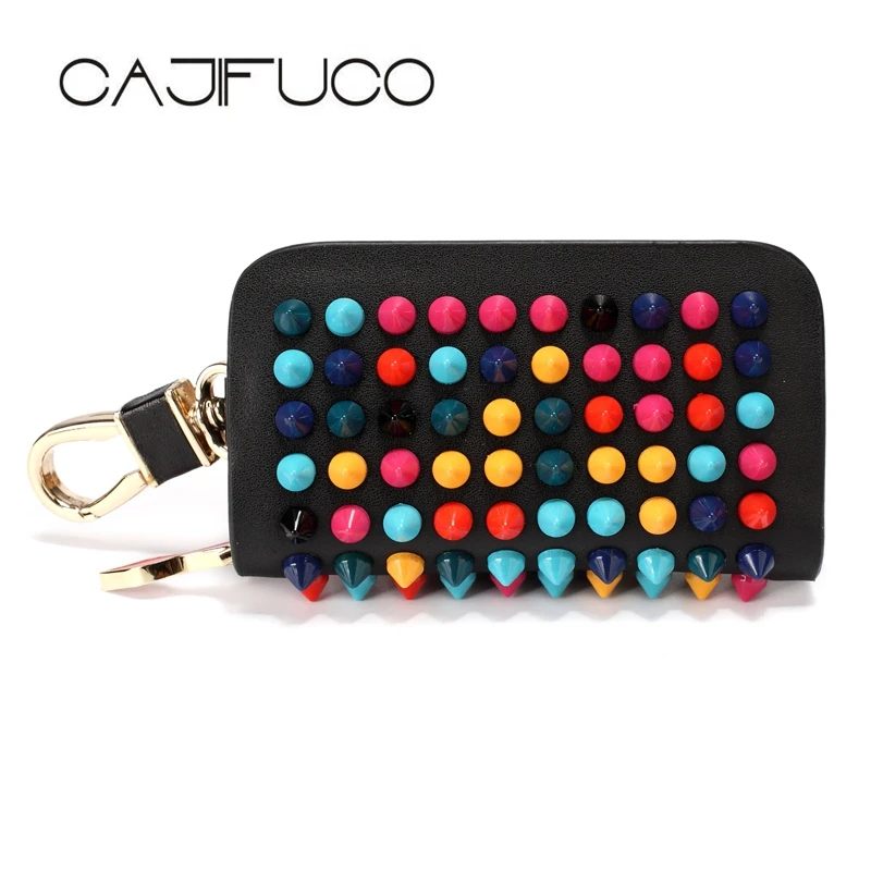 

CAJIFUCO Multicolor Rivet Key Holder Fashion Car Key Wallet Women Studded Coin Purese Genuine Leather Housekeeper KeyChain