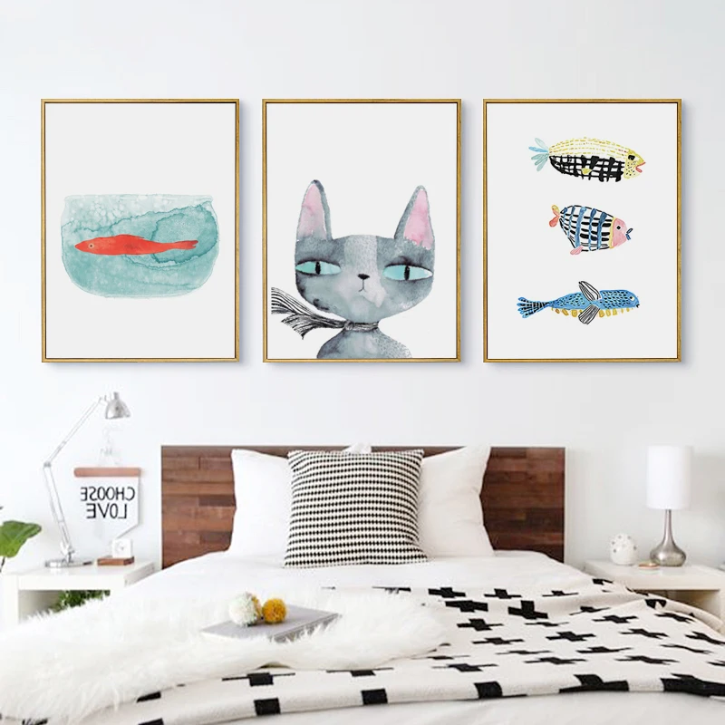 

American Style Art Poster Animal Cat And Fish Canvas Painting Picture Home Wall Art Decoration Wall Sticker Can Be Customized