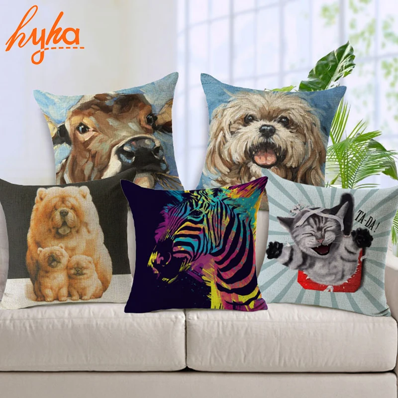 

Hyha Oil Painting Animal Cushion Cover Cotton Linen Chow Chow Pet Dog Cat Brown Zebra Home Decorative Pillows Cover for Sofa