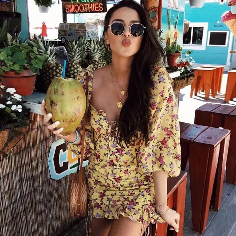TEELYNN пикантные мини платье 2019 Винтаж желтый цветочный шифоновое с принтом