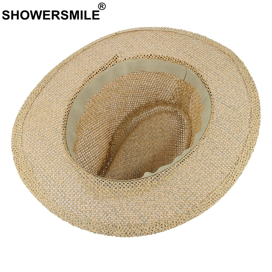 SHOWERSMILE мужские соломенные шляпы летние женские Джазовые шляпы с поясом хаки унисекс Полые Дышащие пляжные винтажные мужские дамская шляпа Федора