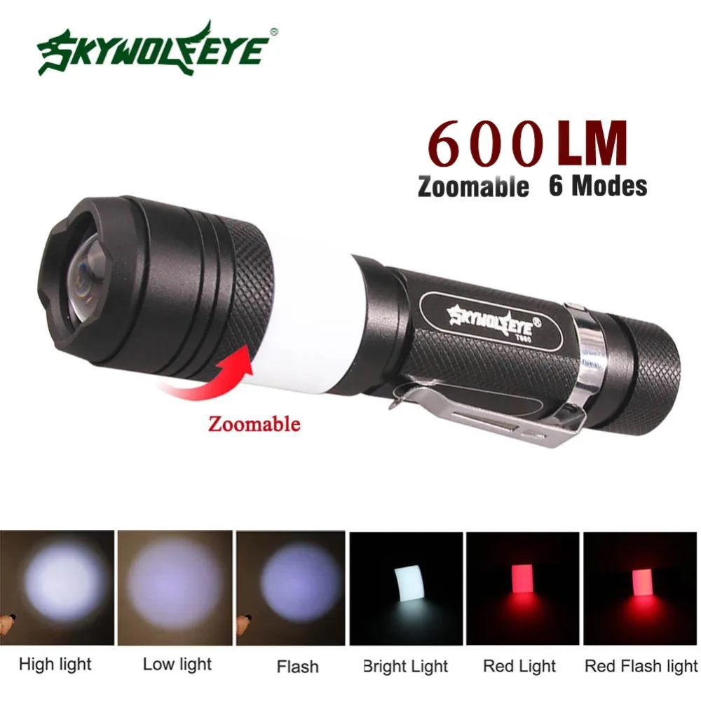 SKYWOLFEYE 6 режимов T6 600LM Тактический 2 светодиодный фонарик масштабируемый 18650