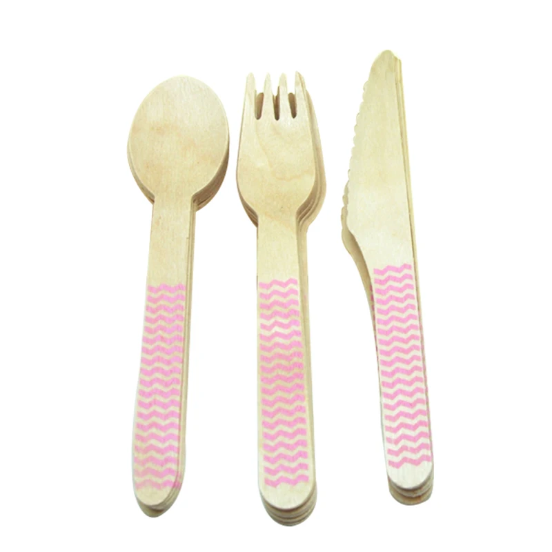18 шт.(6 комплектов) одноразовая посуда наборы ножи+ ложки+ вилки столовые приборы для торжеств натуральное дерево дешевая посуда - Цвет: Розовый