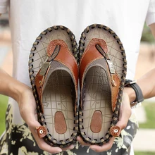 Мужские Пляжные Шлепанцы из натуральной кожи; модные Вьетнамки с мягкой подошвой; модная дышащая легкая Мужская Летняя обувь