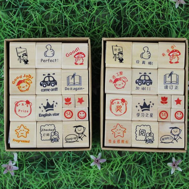 

15Pcs/Set Chinese English Word Wood stamps cartoon pattern teacher comments encourage rubber stamp unique gift for kids