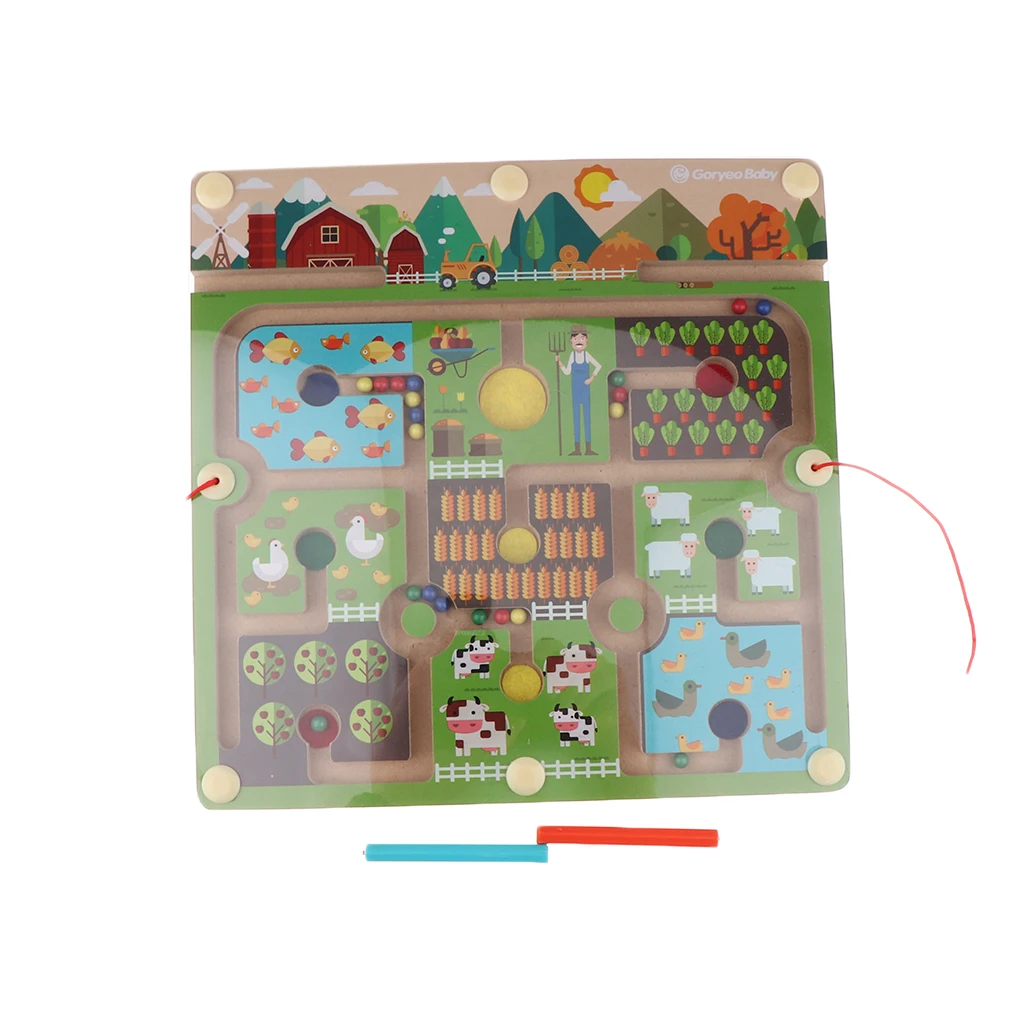 Wooden Magnetic Balls Pen Labyrinth Farm Animal Maze Kids Education Learning Imagination Developmental Toys for Kids Children