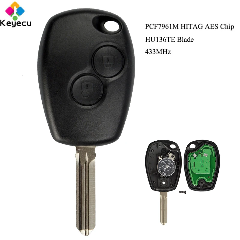 

KEYECU Replacement Remote Car Key With 2 Buttons & 433MHz & PCF7961M HITAG AES Chip & Uncut HU136TE Blade - FOB for Renault