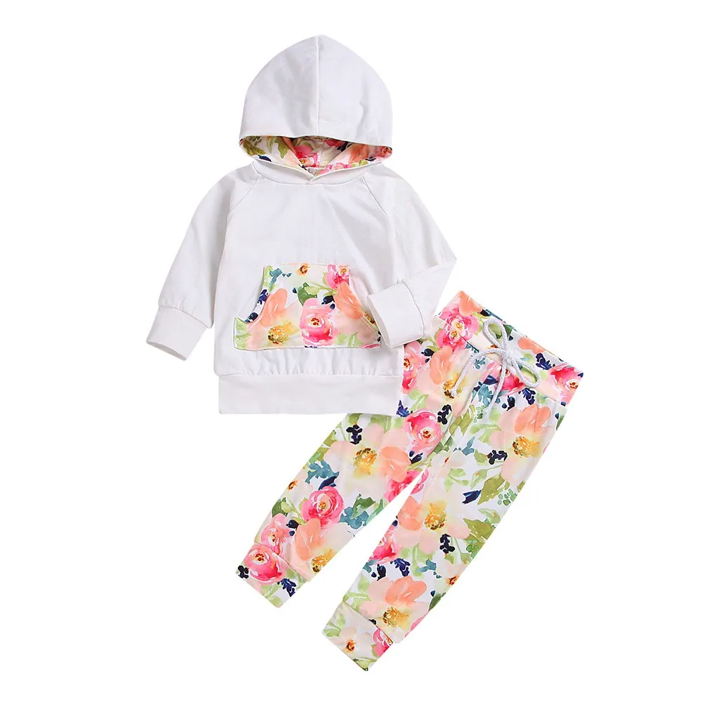 

2PCS Toddler Baby Long Sleeved Hooded Sweatshirt Top+Floral Print Pants Set baby girl clothes summer yw0410