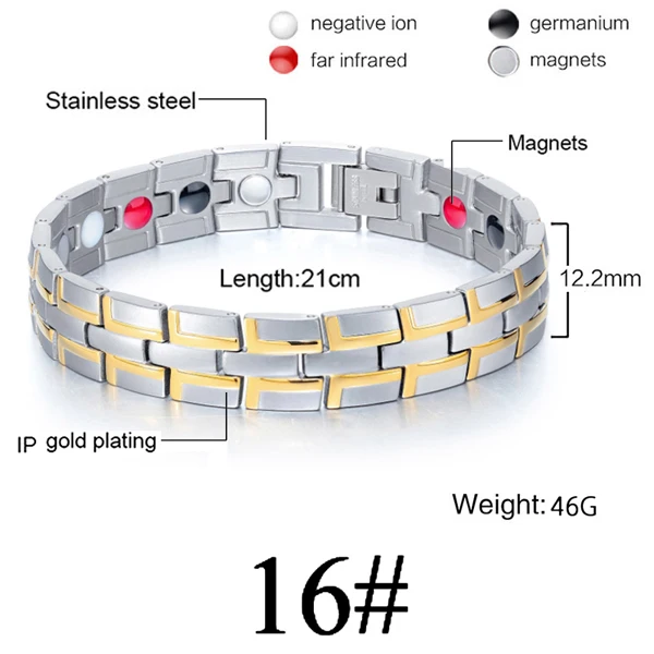 Для женщин и мужчин, забота о здоровье, германий, магнитный браслет для артрита и карпального туннеля, 316L, нержавеющая сталь, терапевтические браслеты - Окраска металла: Gold Silver 16