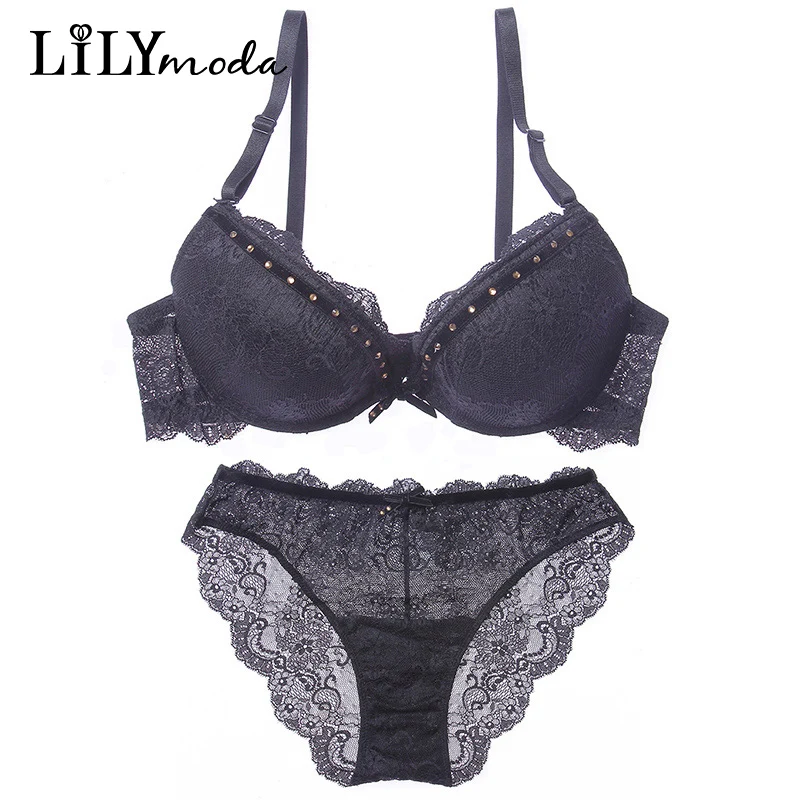 

Lilymoda Women Luxury Lace Rhinestone Bra And Underwear Panty Set Push Up 3/4 Cup Brassiere Sexy Ladies Bra Brief Set Lingerie